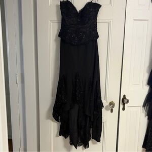 Mon Cheri Black Beaded High-Low Evening Gown